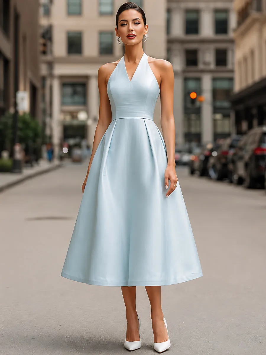 Sky Blue Halter Neck A-Line Midi Dress sold by Mooyius product image thumbnail 2