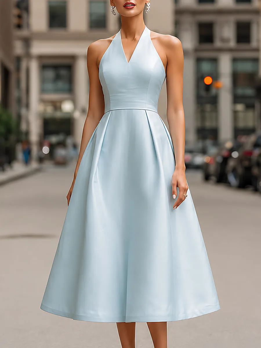 Sky Blue Halter Neck A-Line Midi Dress sold by Mooyius