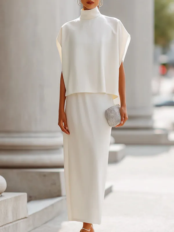 Ivory High-Neck Cape-Sleeve Two-Piece Set made by Mooyius