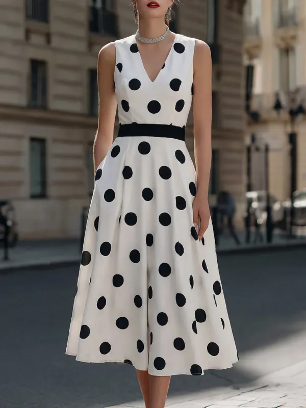 Polka Dot Sleeveless V-Neck Midi Dress made by Mooyius
