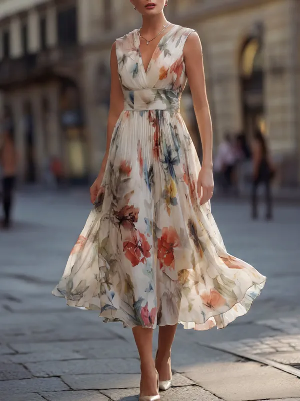 Elegant Floral Chiffon Midi Dress made by Mooyius