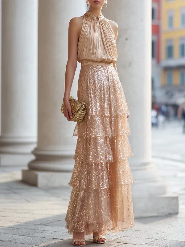 Premium Champagne Pleated Halter Top & Layered Sequin Maxi Skirt Two-Piece Set made by Mooyius