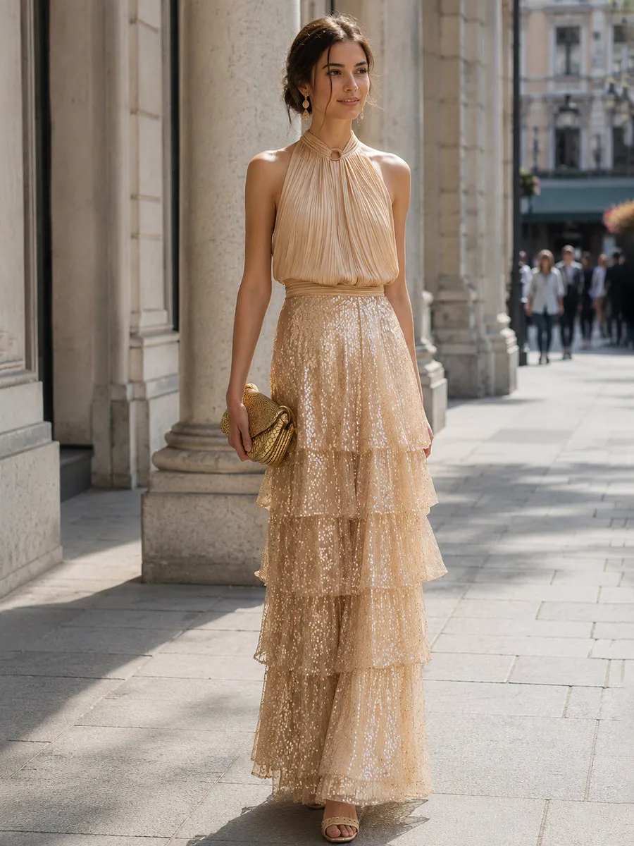 Premium Champagne Pleated Halter Top & Layered Sequin Maxi Skirt Two-Piece Set sold by Mooyius product image thumbnail 2
