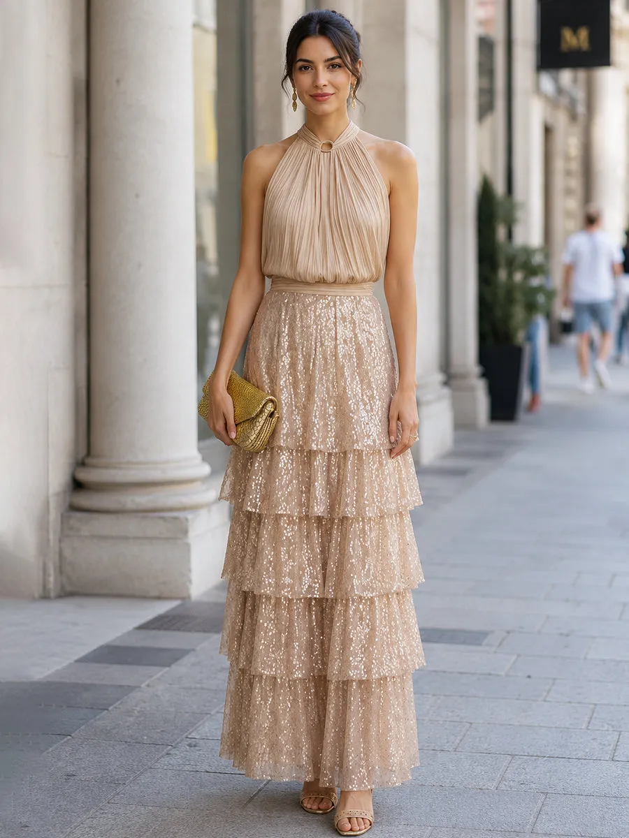 Premium Champagne Pleated Halter Top & Layered Sequin Maxi Skirt Two-Piece Set sold by Mooyius product image thumbnail 3