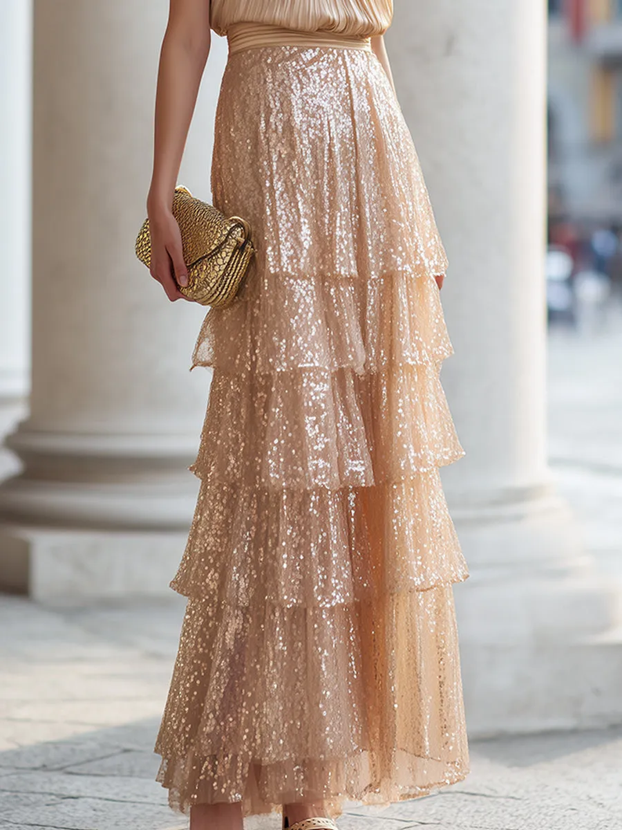 Premium Champagne Pleated Halter Top & Layered Sequin Maxi Skirt Two-Piece Set sold by Mooyius product image thumbnail 5