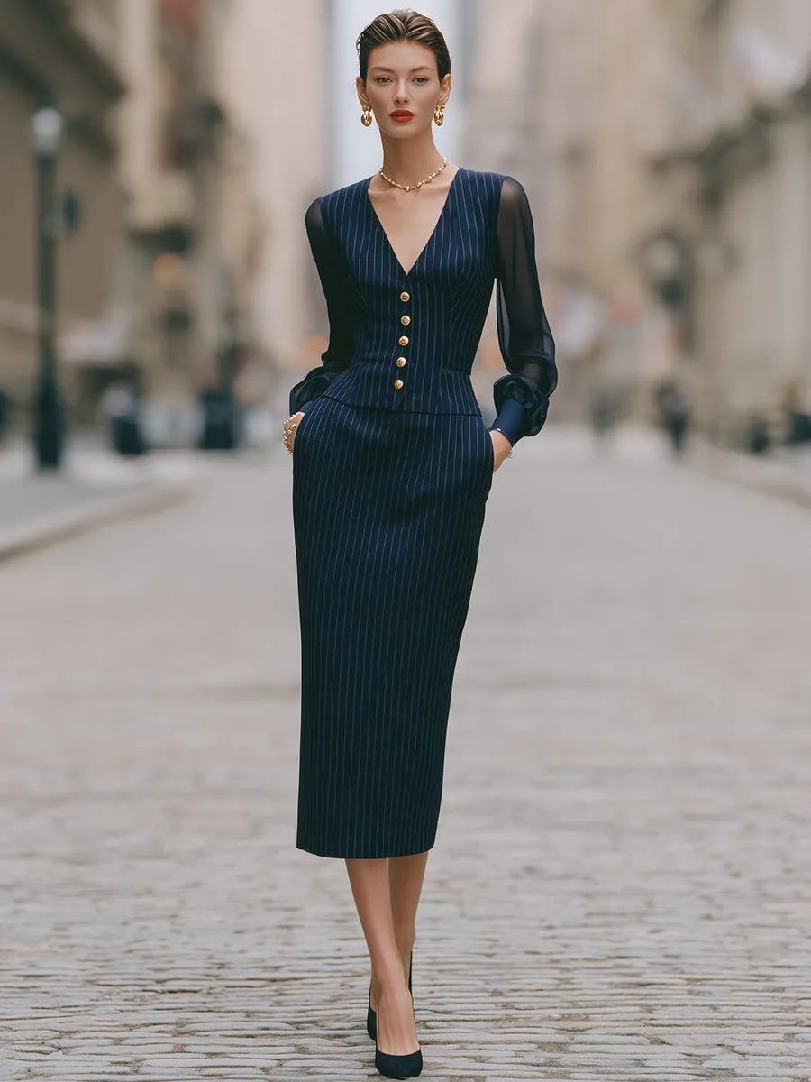 Pinstripe Sheer Sleeve Two-Piece Tailored Set sold by Mooyius product image thumbnail 2