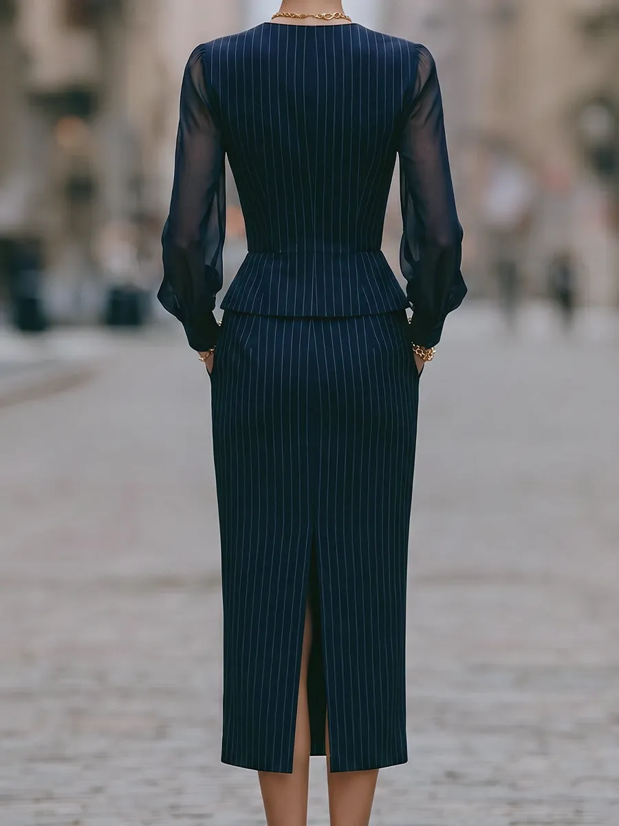 Pinstripe Sheer Sleeve Two-Piece Tailored Set sold by Mooyius product image thumbnail 5