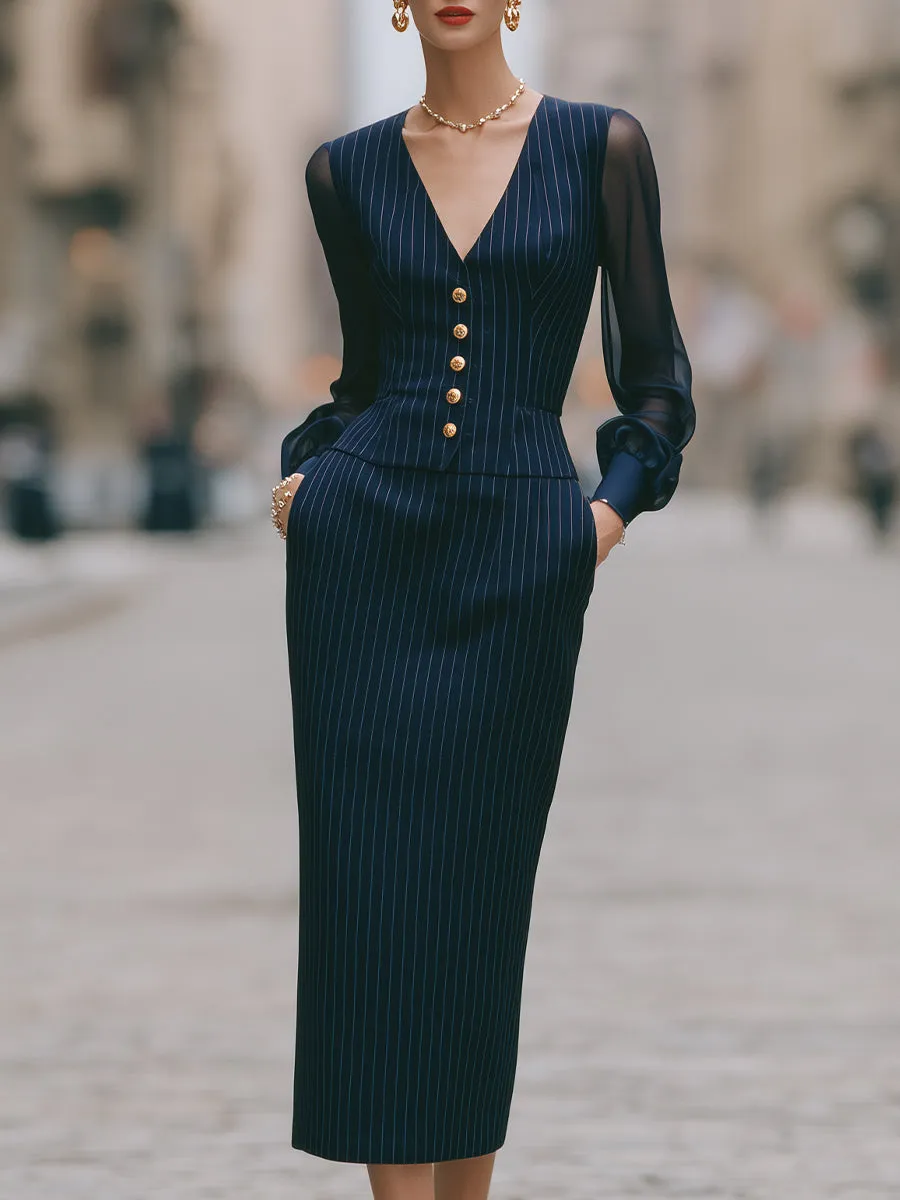 Pinstripe Sheer Sleeve Two-Piece Tailored Set sold by Mooyius
