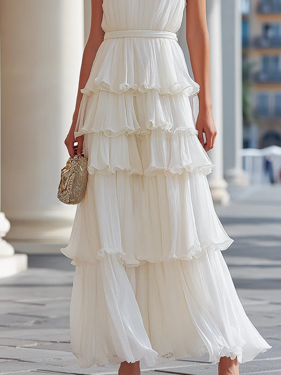 Pleated Halter Neck Tiered Ruffle Maxi Dress sold by Mooyius product image thumbnail 3
