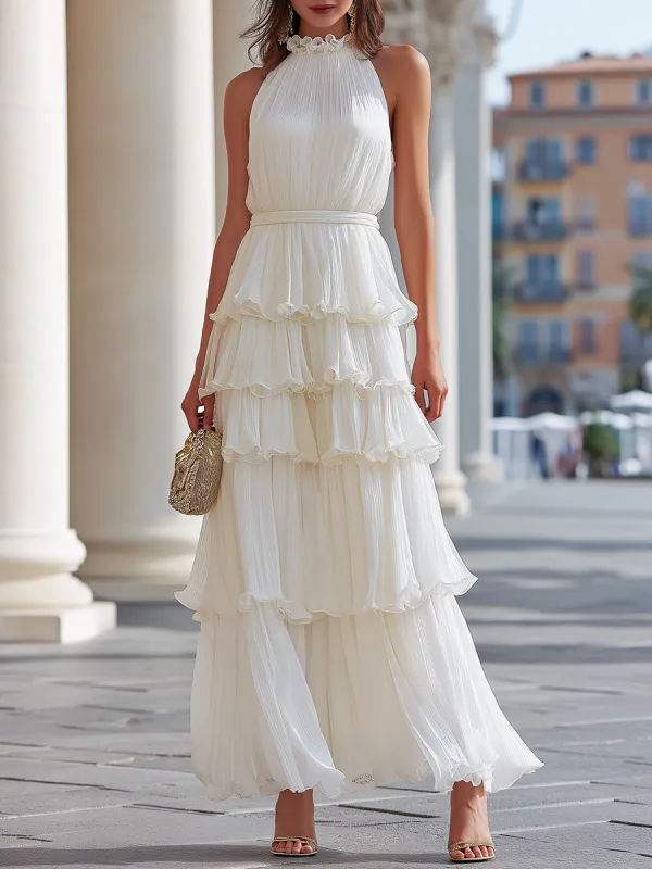 Pleated Halter Neck Tiered Ruffle Maxi Dress made by Mooyius