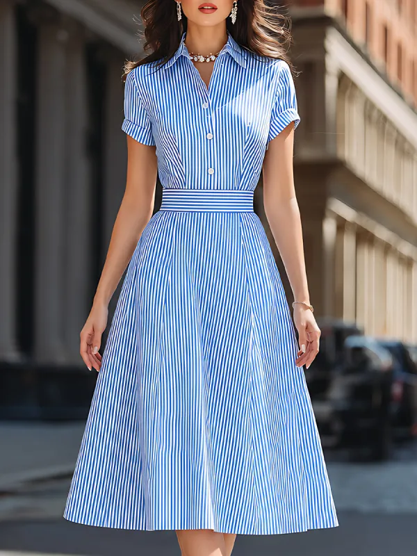 Striped Shirt Collar Fit-and-Flare Midi Dress made by Mooyius