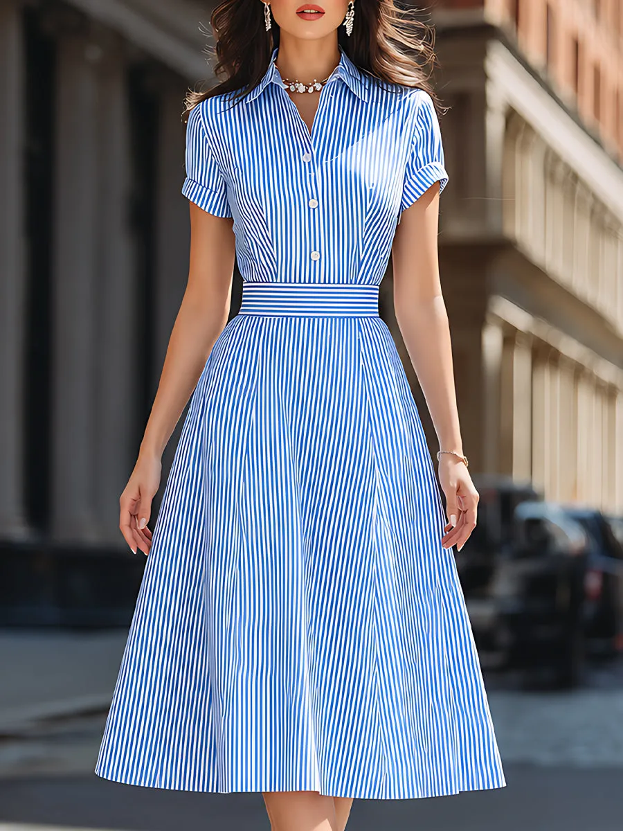 Striped Shirt Collar Fit-and-Flare Midi Dress sold by Mooyius