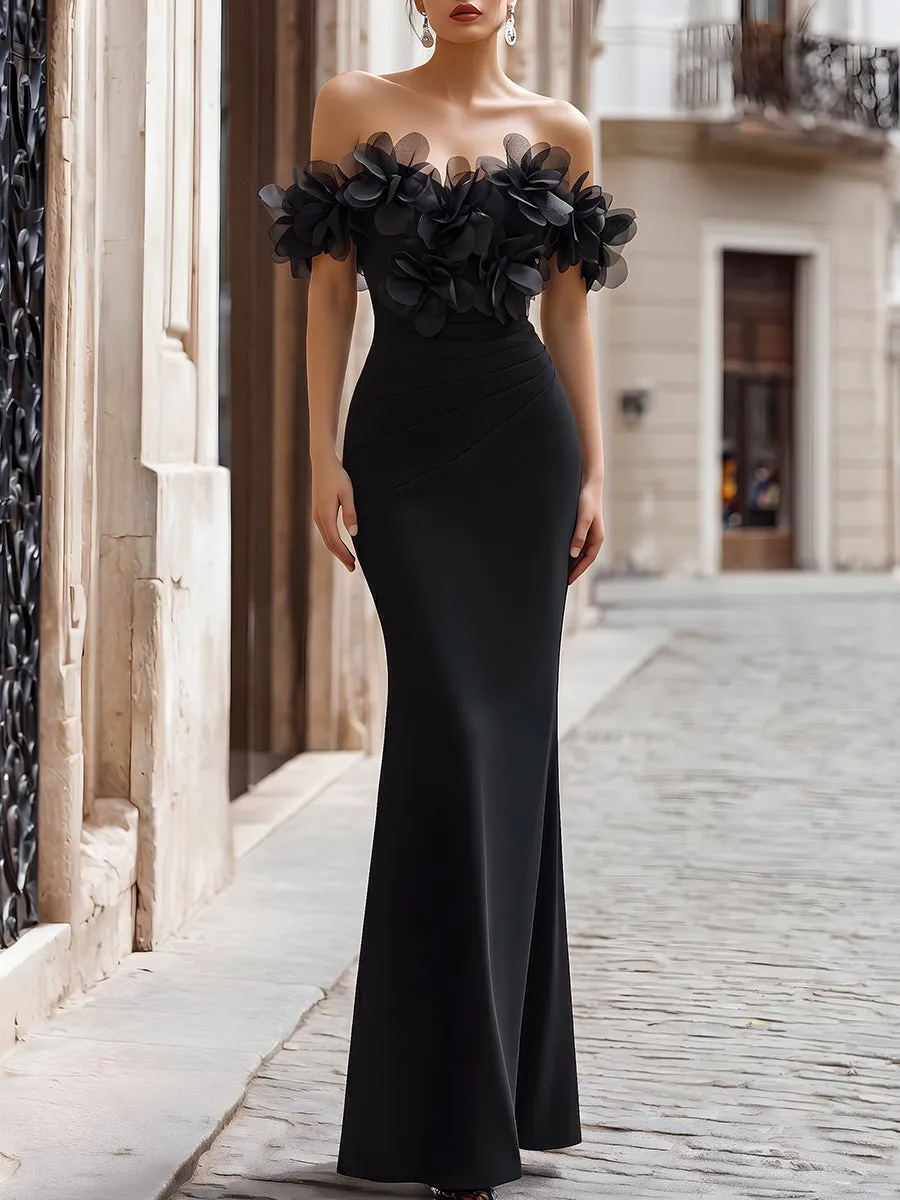 Off-Shoulder Floral Appliqué Mermaid Evening Gown sold by Mooyius