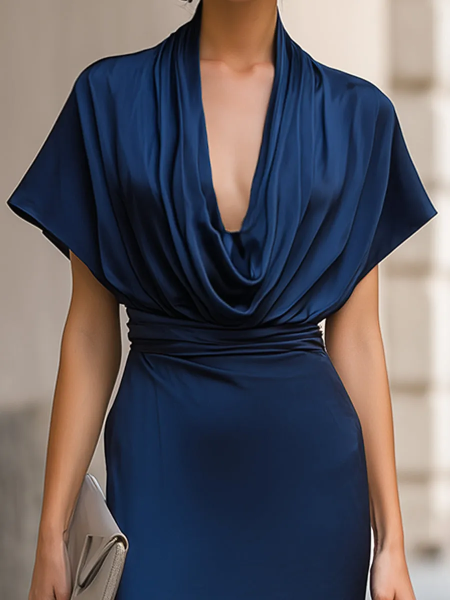 Draped Cowl Neck Satin Midi Dress sold by Mooyius product image thumbnail 2