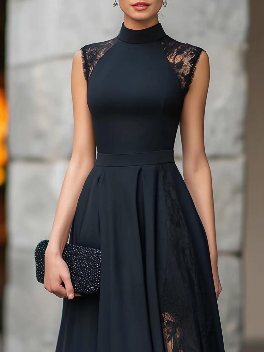 High Neck Lace Panel A-Line Maxi Dress sold by Mooyius product image thumbnail 2