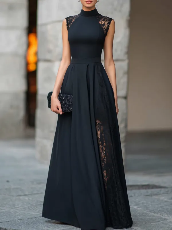 High Neck Lace Panel A-Line Maxi Dress made by Mooyius