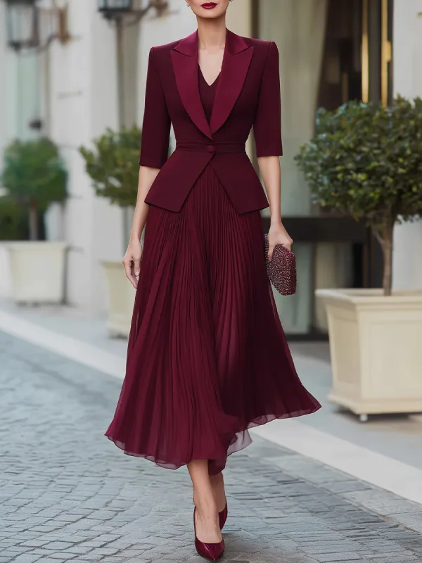 Short-Sleeve Blazer And Pleated Dress Two-Piece Set made by Mooyius