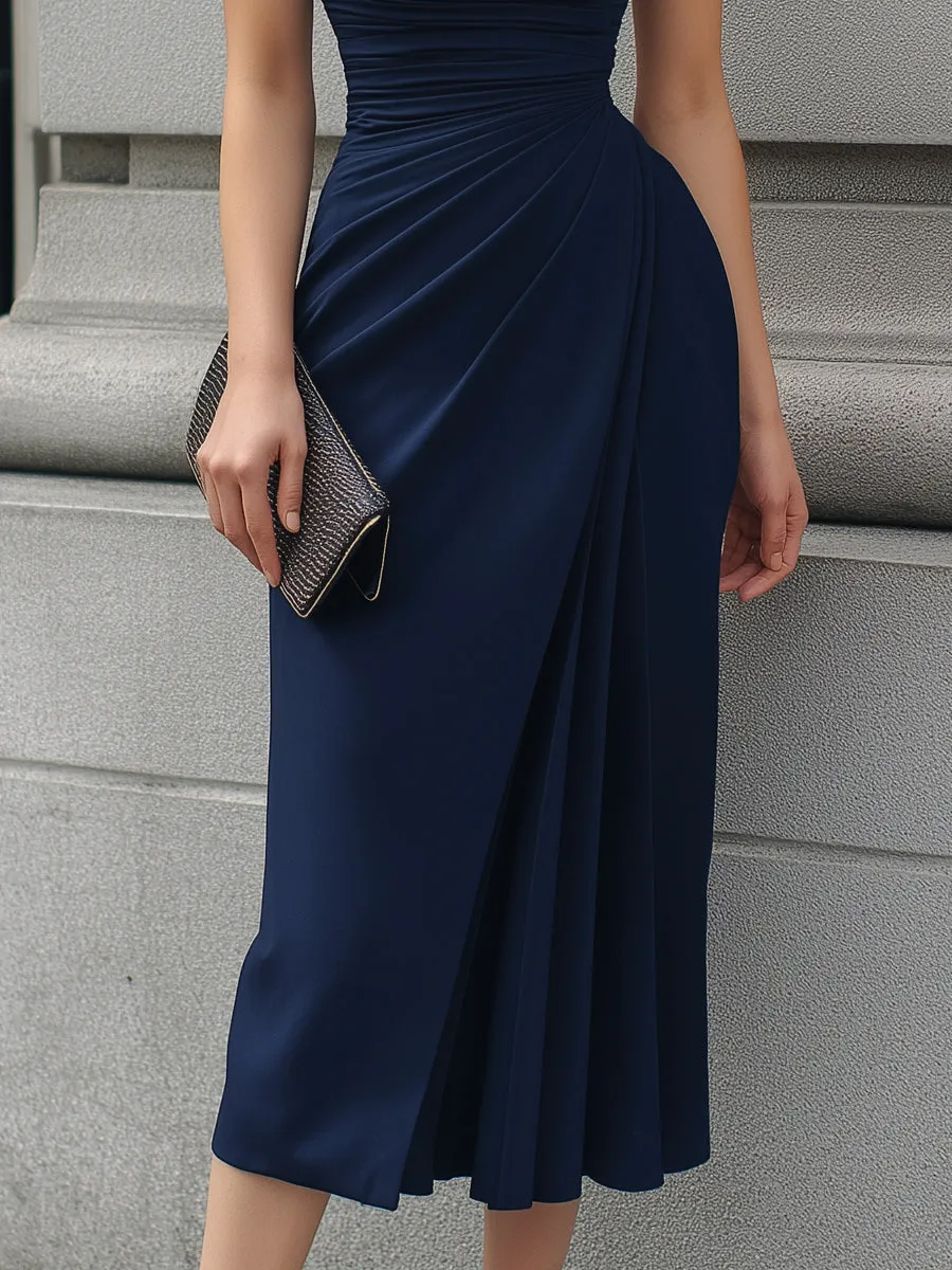 Short-Sleeve Side Drape Ruched Wrap Midi Dress sold by Mooyius product image thumbnail 3