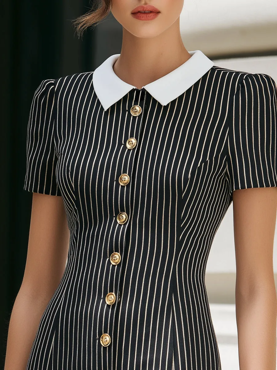 Pinstripe Button-Front Mini Dress With White Collar sold by Mooyius product image thumbnail 2
