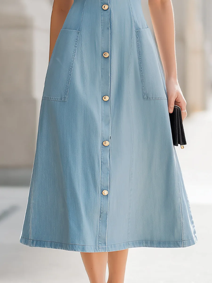 Light Wash Denim Sleeveless Button-Front A-Line Midi Dress sold by Mooyius product image thumbnail 3