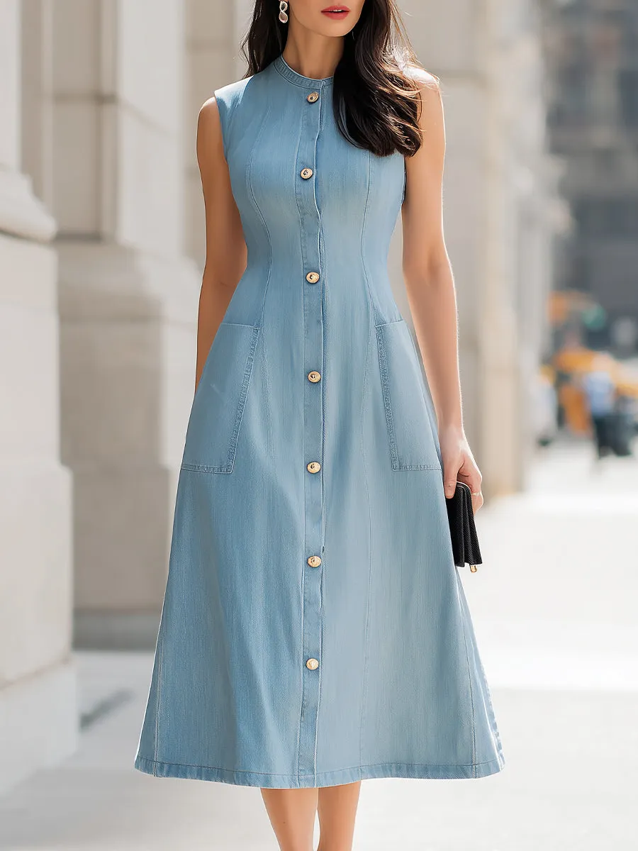 Light Wash Denim Sleeveless Button-Front A-Line Midi Dress sold by Mooyius