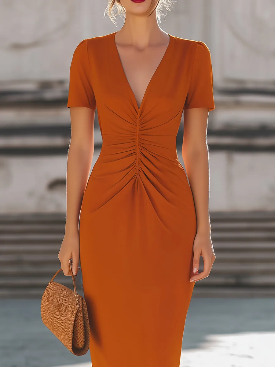 Orange V-Neck Ruched-Waist Short-Sleeve Pencil Midi Dress sold by Mooyius product image thumbnail 2