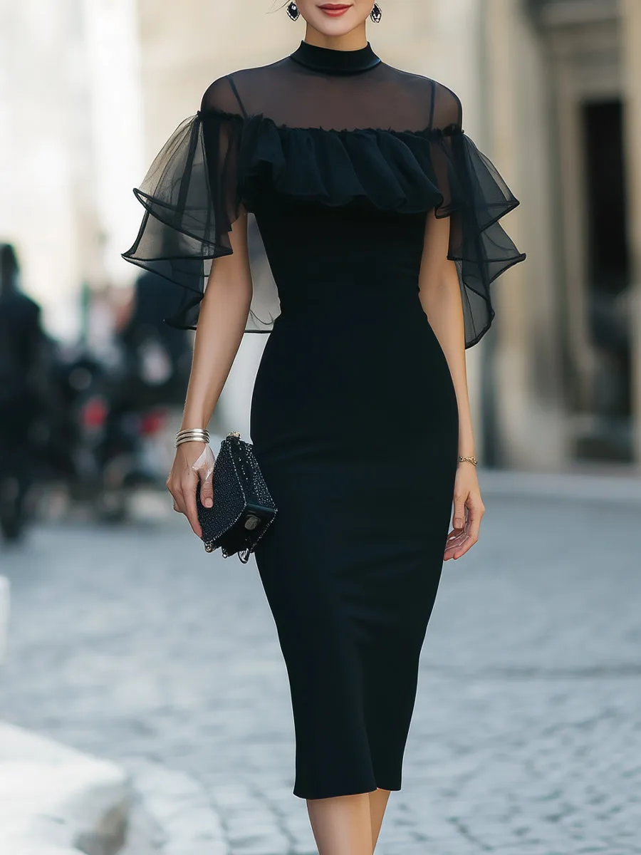 Structured Sheer-Ruffle Midi Dress With Fitted Silhouette sold by Mooyius