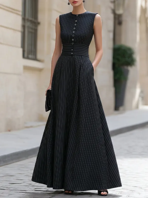 Pinstripe Sleeveless Buttoned Peplum Skirt Set made by Mooyius