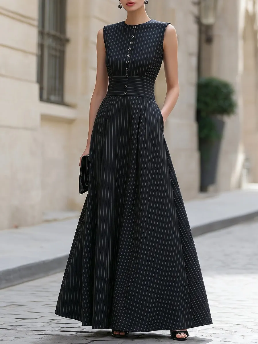 Pinstripe Sleeveless Buttoned Peplum Skirt Set sold by Mooyius