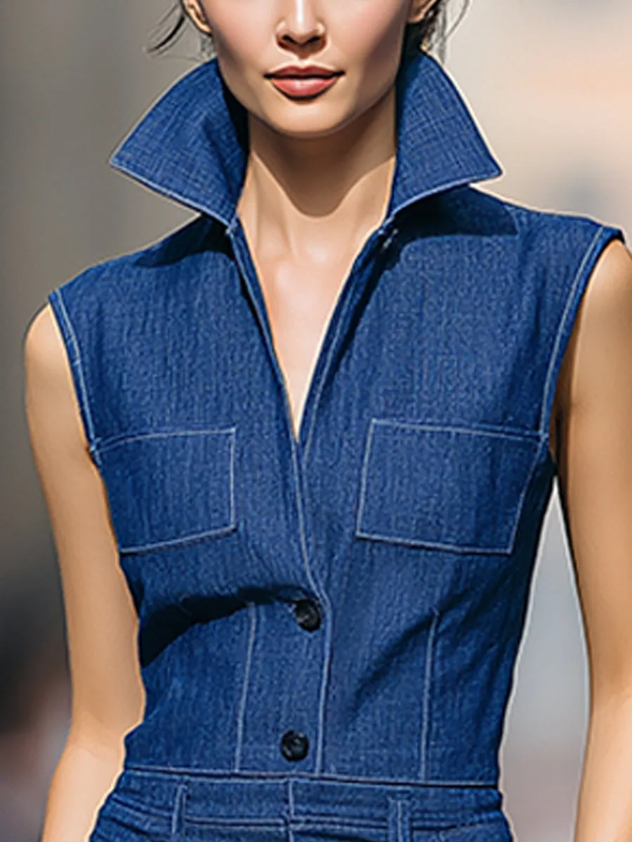 Sleeveless Dark Denim Utility Jumpsuit sold by Mooyius product image thumbnail 3