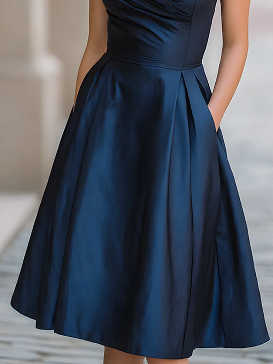 Navy Satin V-Neck Fit-and-Flare Midi Dress sold by Mooyius product image thumbnail 3