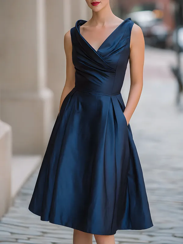 Navy Satin V-Neck Fit-and-Flare Midi Dress made by Mooyius