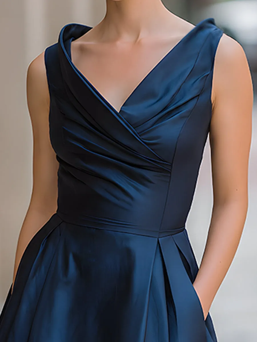Navy Satin V-Neck Fit-and-Flare Midi Dress sold by Mooyius product image thumbnail 2
