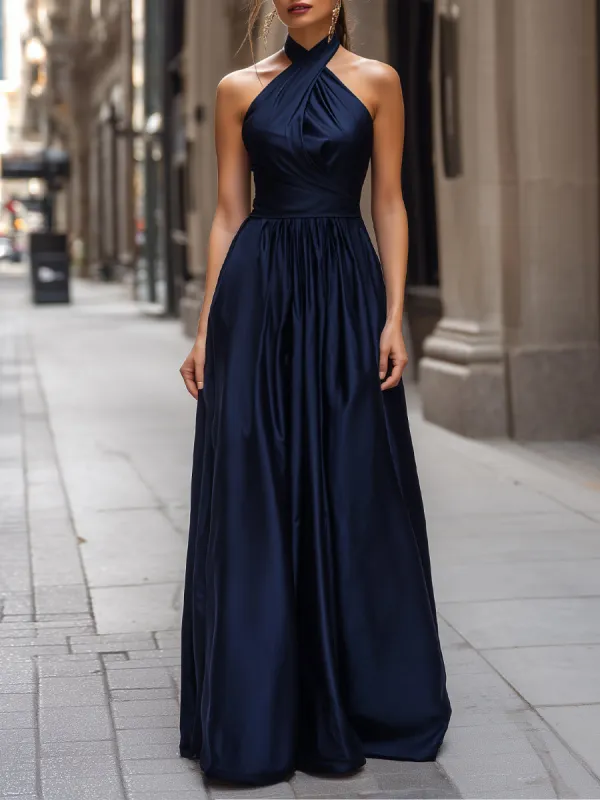 Elegant Halter Neck Satin Maxi Dress made by Mooyius