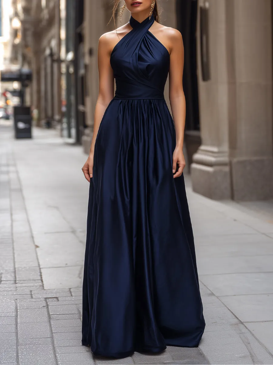 Elegant Halter Neck Satin Maxi Dress sold by Mooyius