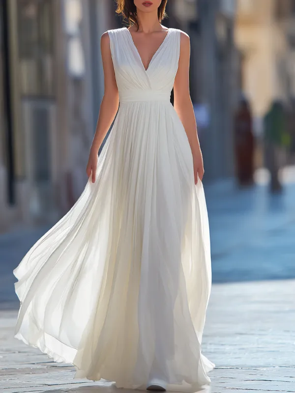 Elegant Pleated Maxi Dress With V-Neckline made by Mooyius