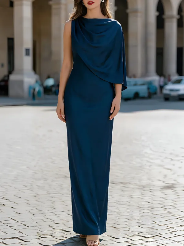 Satin Draped Cape Sleeveless Floor-Length Evening Maxi Dress made by Something Navy