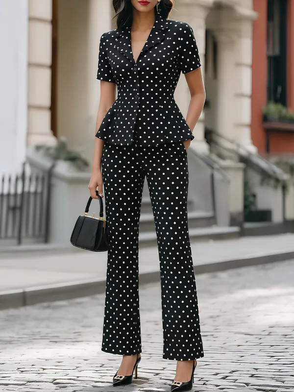Black White Polka Dot Short-Sleeve Peplum Blazer & Flared Pants 2-Piece Set made by Something Navy
