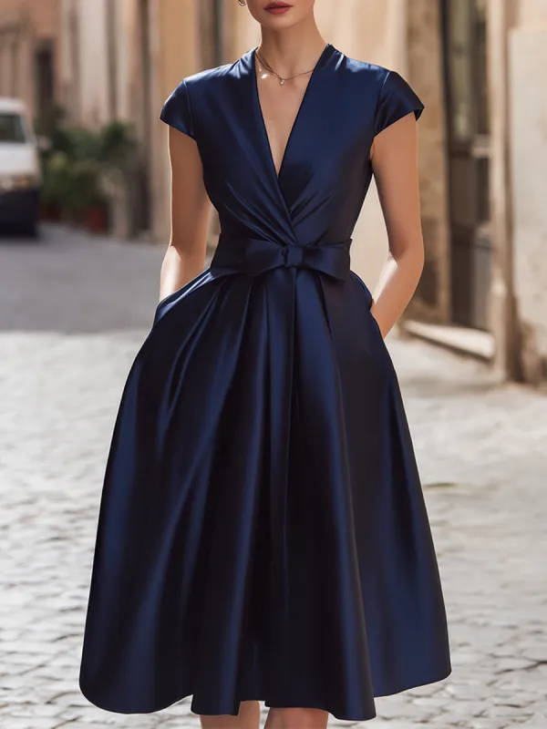 Luxurious Satin V-Neck A-Line Midi Dress made by Mooyius