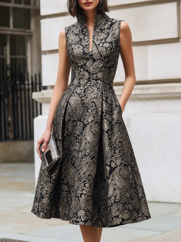 Stand Collar Sleeveless Jacquard A-Line Midi Dress made by Mooyius