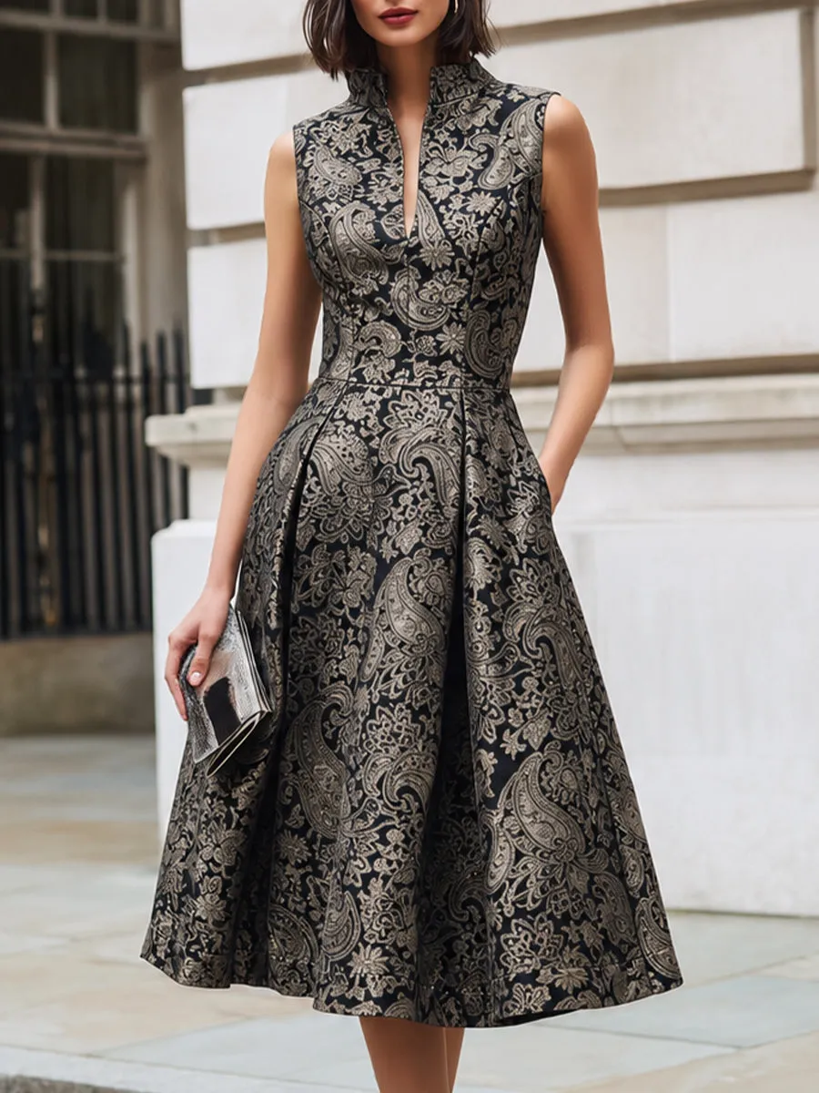 Stand Collar Sleeveless Jacquard A-Line Midi Dress sold by Mooyius
