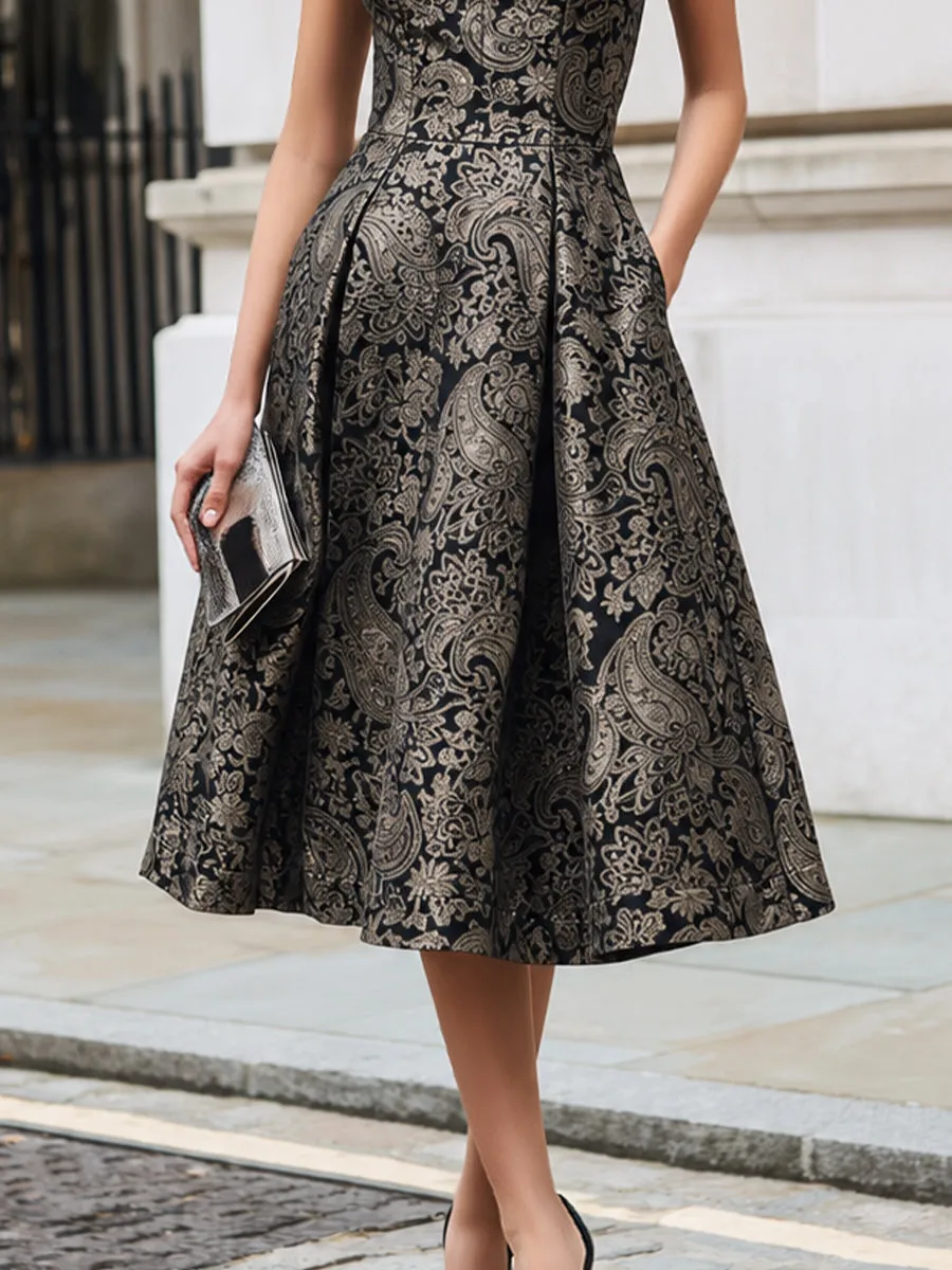 Stand Collar Sleeveless Jacquard A-Line Midi Dress sold by Mooyius product image thumbnail 4