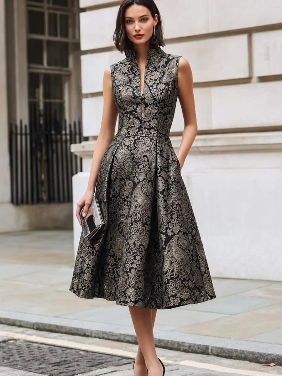 Stand Collar Sleeveless Jacquard A-Line Midi Dress sold by Mooyius product image thumbnail 2