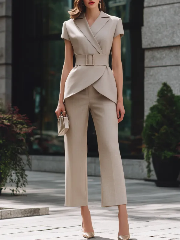 Belted Wrap Blazer And Cropped Pants Two-Piece Set made by Mooyius