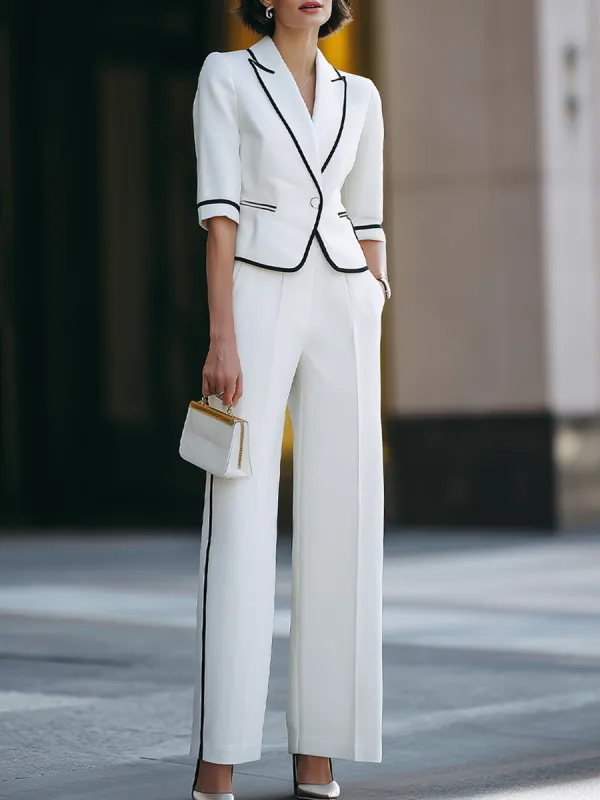 Tailored Contrast-Trim Blazer & Wide-Leg Pant Set made by Mooyius