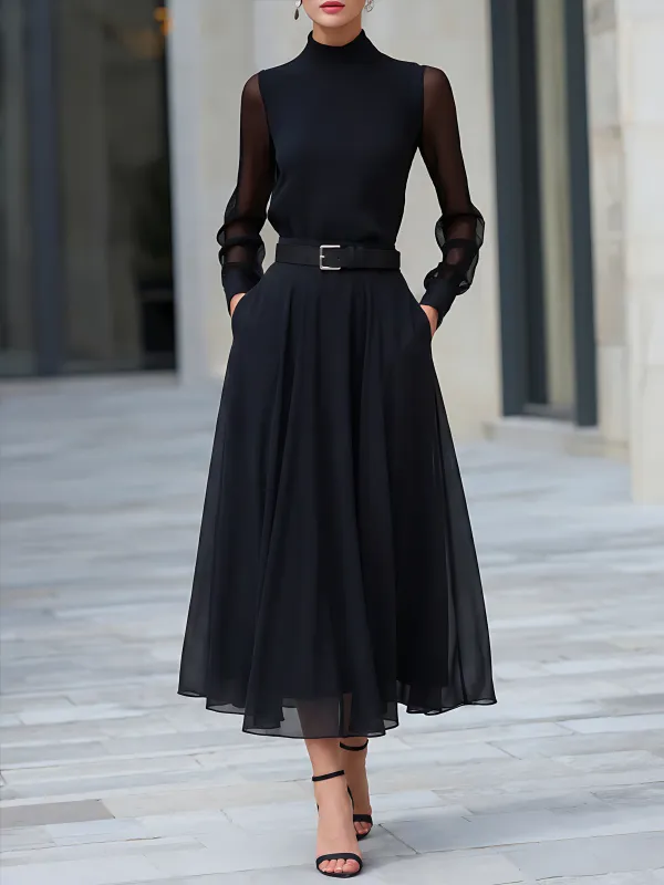 Sheer Sleeve Belted Top & Midi Skirt Tailored Set made by Mooyius