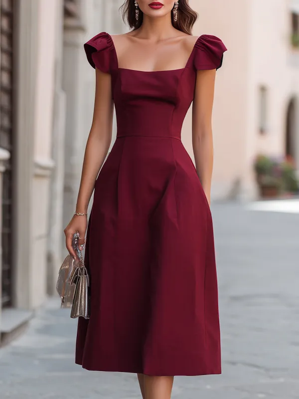 Square Neck Puff Sleeve A-Line Midi Dress made by Mooyius
