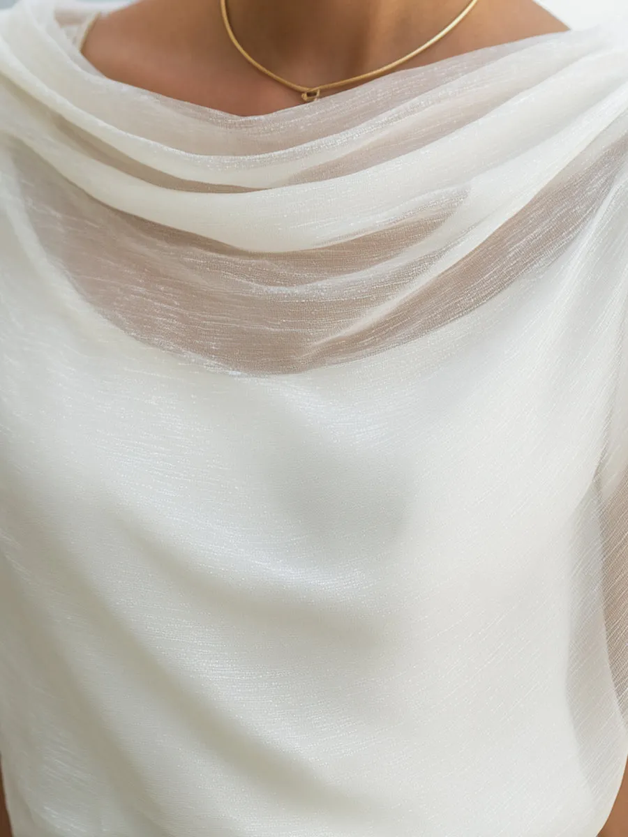White Shimmer Chiffon Cowl Neck Batwing Short Sleeve Blouse sold by Mooyius product image thumbnail 3
