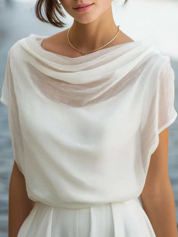 White Shimmer Chiffon Cowl Neck Batwing Short Sleeve Blouse made by Mooyius