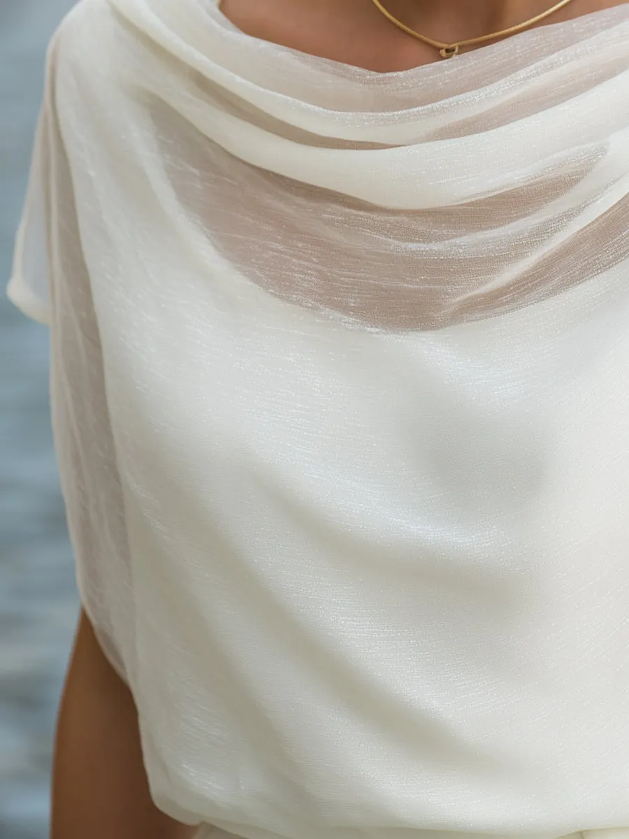 White Shimmer Chiffon Cowl Neck Batwing Short Sleeve Blouse sold by Mooyius product image thumbnail 4